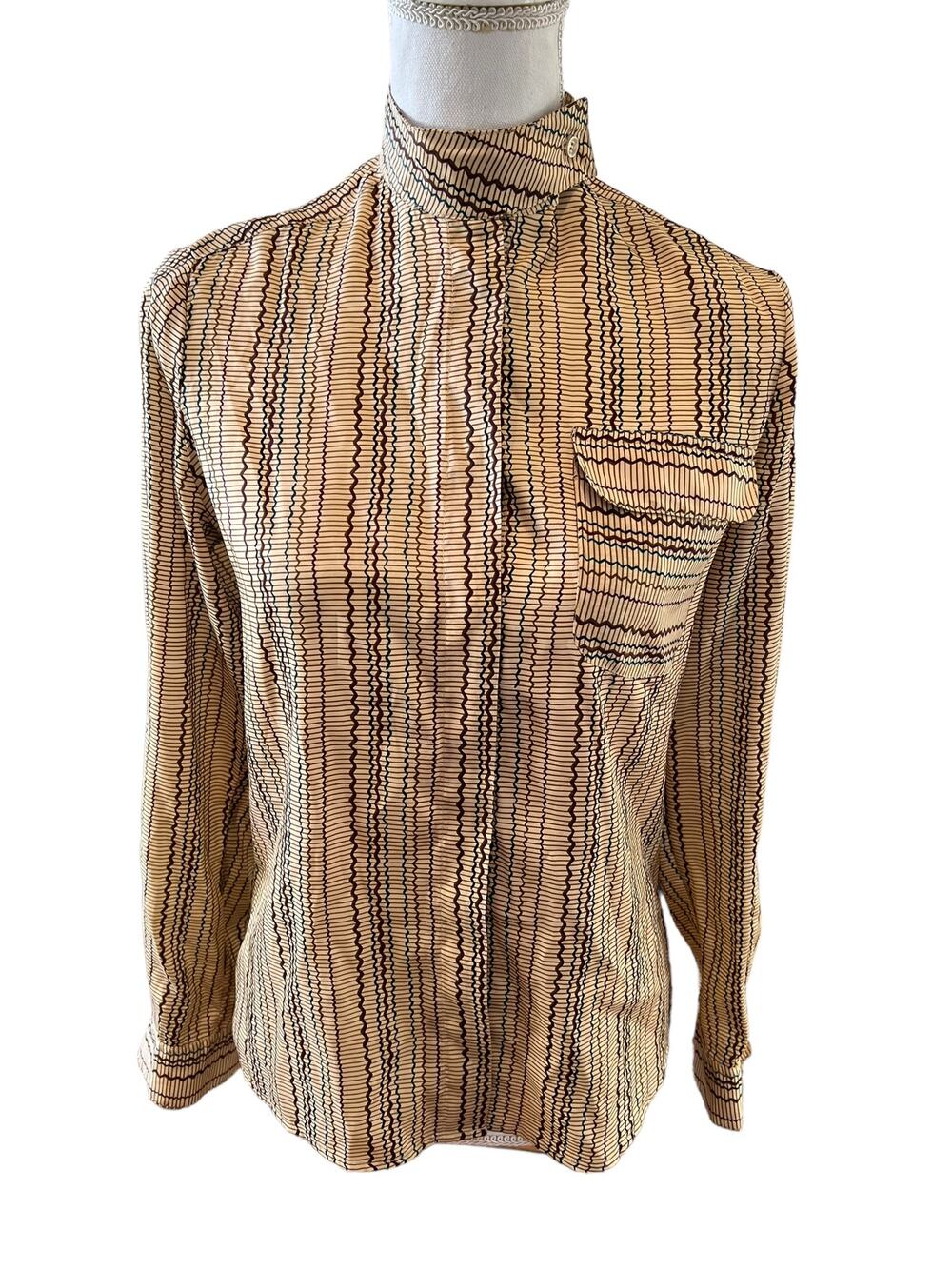 Vintage 70s Steve & Barry High Neck Mod Print Top Tan